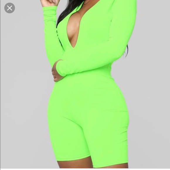 ❌SOLD❌Fashion Nova Neon Green V-neck Romper - Picture 2 of 5